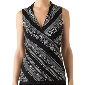 WHBM Faux Wrap Jersey Sleeveless Blouse Shell Tank Top Black White Print S